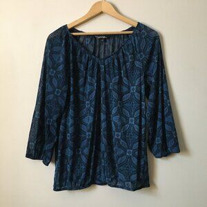 Moody Blue Semi Sheer V-neck Tribal Boho Blouse Flowy Top